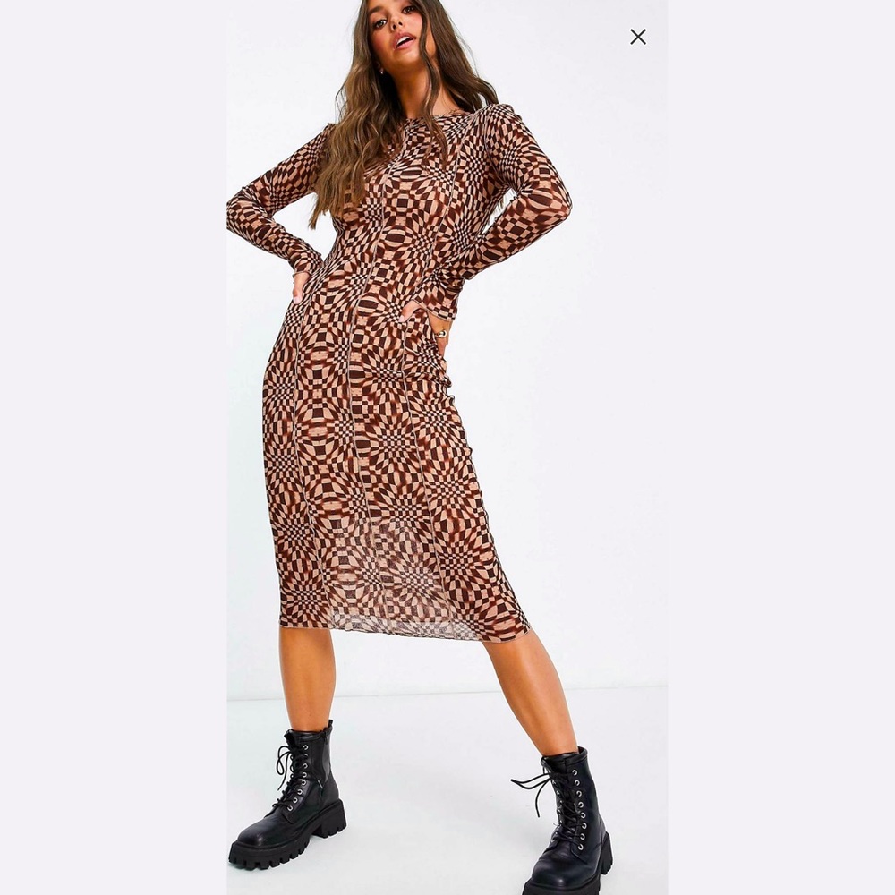 Top shop (Tall) Checkerboard Jersey Midi Dress with seams in Multicolor print